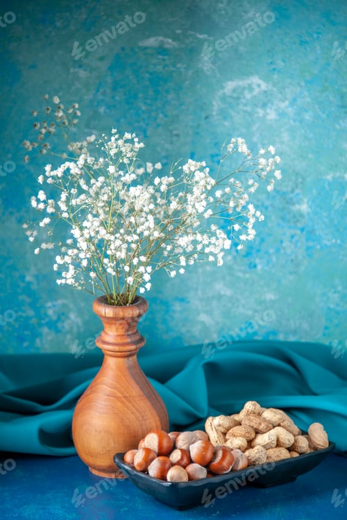 Preview: front view fresh nuts peanuts and hazelnuts on blue background color snack cips nut walnut