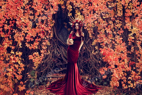 Preview: Closeup portrait of Calavera Catrina in red dress. Sugar skull makeup. Dia de los muertos. Day of