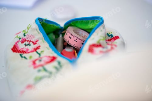 Preview: Hand made pencil case holding sowing kit, tape measure, still life,