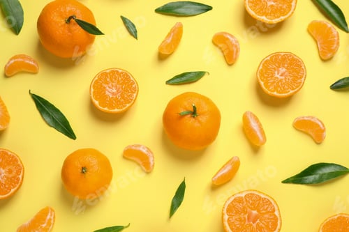 Preview: Flat lay composition with fresh ripe tangerines and leaves on light yellow background. Citrus fruit