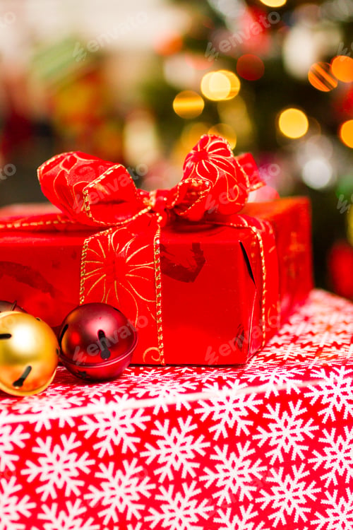 Festive Christmas Presents with Decorative Ribbon and Bells
