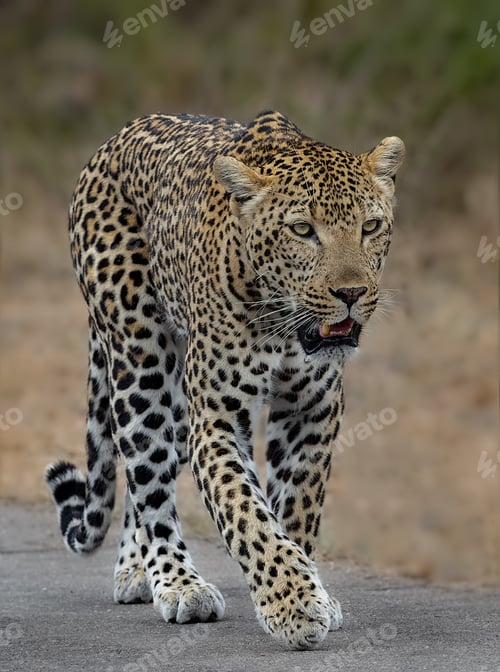 Preview: Leopard walking on a grassy surface with its mouth open in a vocalization expression.