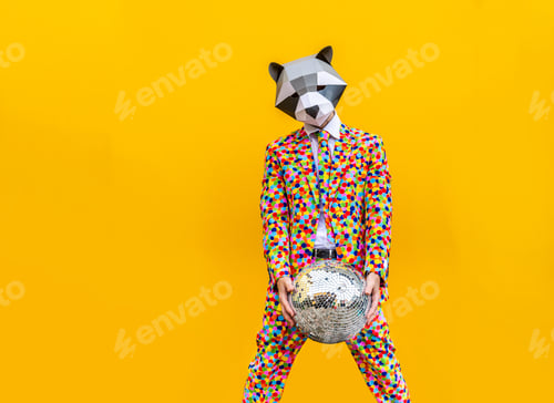 Preview: Man with funny low poly mask on colored background