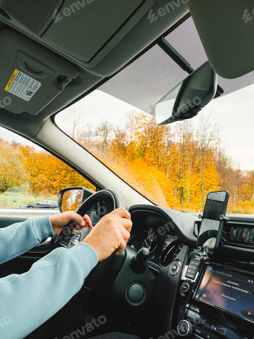 Preview: road trip concept man driving car by highway inside view