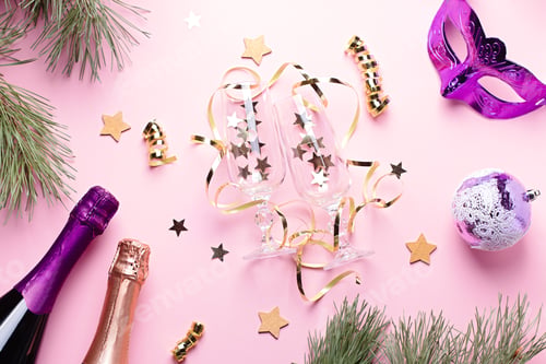Preview: Christmas card with fir tree, shadows, champagne bottles, glasses, carnival mask