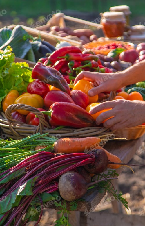 Preview: The farmer sells fruits and vegetables at the farmers market. Selective focus.