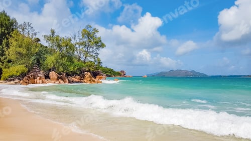 Preview: Exotic tropical beach landscape with foamy waves and turquoise water