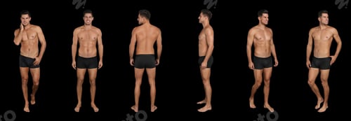 Preview: Collage of man in underwear on black background. Banner design