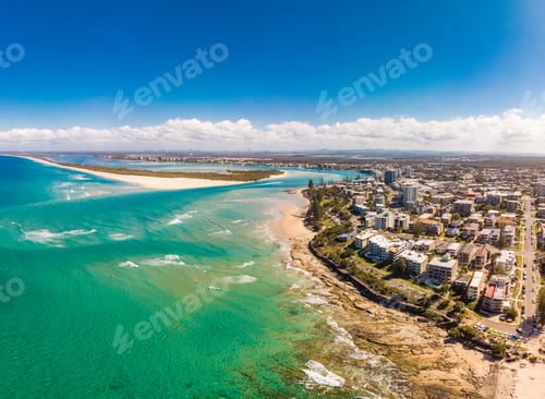 Preview: Aerial drone panoramic image of ocean waves on a Kings beach, Caloundra, Queensland, Australia