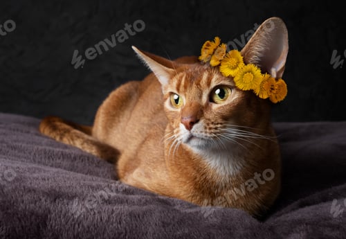 Preview: A cat of the Abyssinian breed of red color with a wreath of yellow flowers on its head