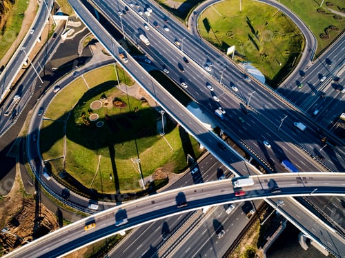 Preview: Aerial view of a freeway intersection traffic trails in Moscow.