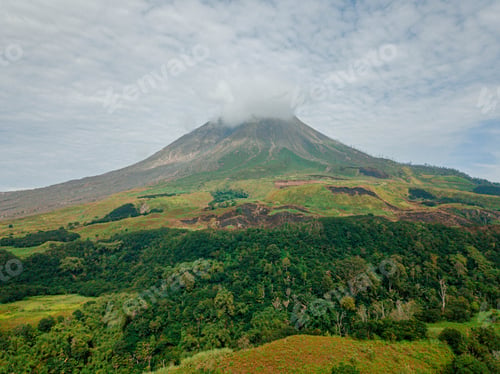 Preview: Aerial drone view of Mount Sinabung at Berastagi in North Sumatra, Indonesia.