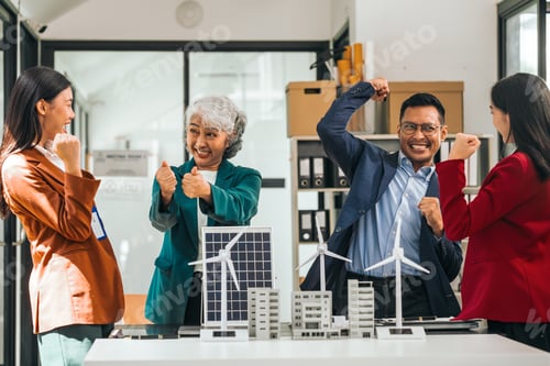 Preview: Group asian business people meeting boardroom clean energy city solutions discussing solar panels