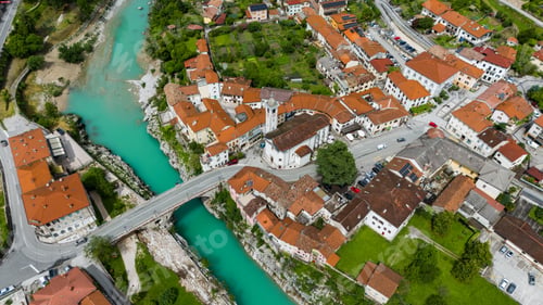Preview: Kal na Soci Townscape in Slovenia Captured by Drone on a Sunny Day