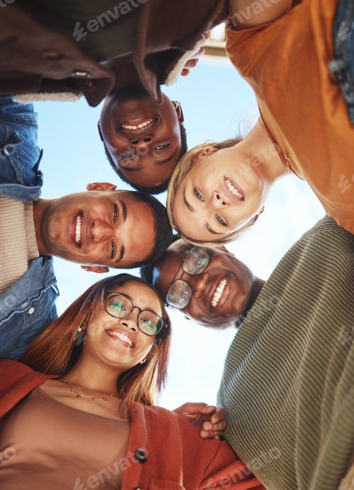 Preview: Friends, smile and hug below for teamwork, community or trust together in the outdoors. Happy group