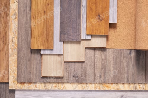 Preview: Laminate floor and cork roll on wood osb background texture. Wooden laminate floor and chipboard