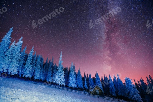 Preview: Cabin in the mountains. Fantastic winter meteor rain and snowy m