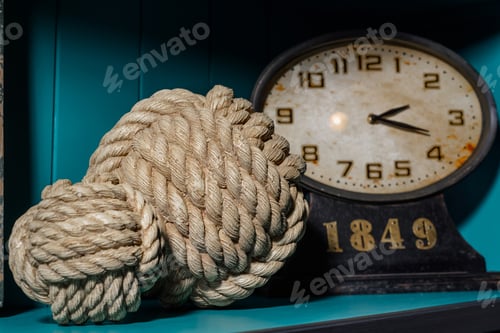 Preview: old vintage clock and two different thread balls on wooden shelf in room