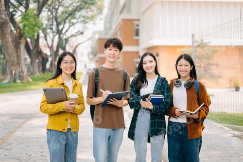 Preview: Young Asian People college students and a female student group work at the campus park
