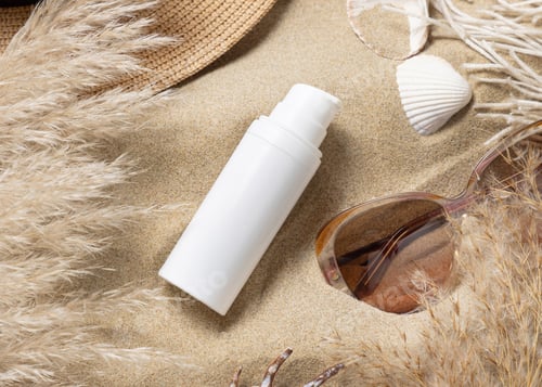 Preview: White one pump bottle, sunglasses, pampas grass and seashells on sand, Sunscreen cosmetic mockup