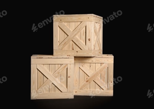 Preview: Group of wooden crates on black background
