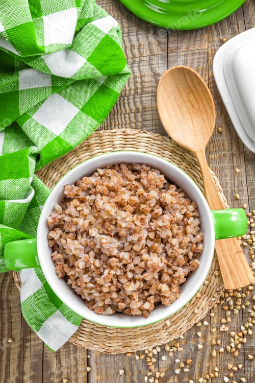Healthy Buckwheat Groats with Green Plaid Napkin