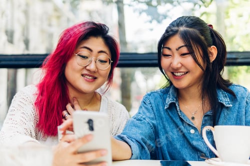 Preview: Female friends having a good time in a coffee shop using mobile phone