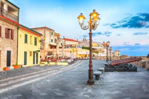 Preview: Gorgeous evening cityscape of historical part of Alghero town.