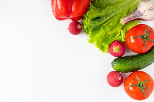 Preview: Fresh vegetables on a white background. Vegan eco food. Place for text
