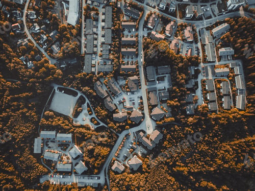 Preview: Aerial view of houses in beautiful residential neighbourhood during fall in Finland