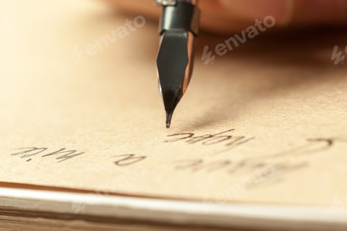 Preview: Writing with a fountain pen on brown paper at a desk in the afternoon
