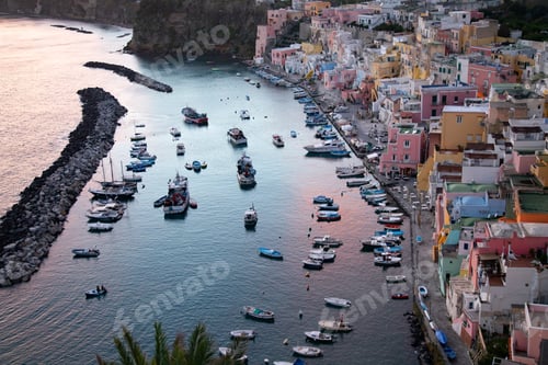 Preview: Fishing village in magic sunset, Marina Corricella on Procida Italy.