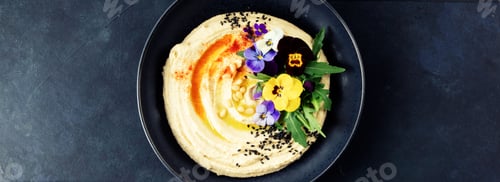 Preview: Gourmet Hummus with Edible Flowers, Pine Nuts, and Olive Oil, Banner Image