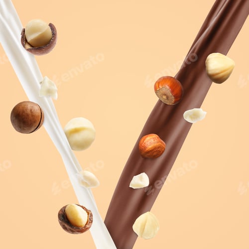 Preview: Chocolate and milk flows with nuts in air on beige background