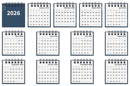 Preview: Desktop calendar 12 months set for 2026 in white colour. Mini planner for business and finance