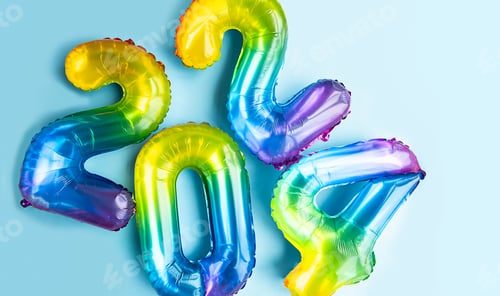 Preview: 2024 numbers by rainbow foil balloons. New Year layout.
