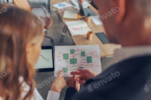 Preview: Close up of professional executives experts discussing financial accounting papers working together