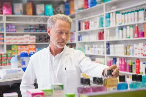 Preview: Senior pharmacist looking a medicine in the pharmacy