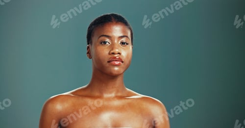 Preview: Portrait, skincare and confident black woman with beauty, glow and shine on studio background. Face