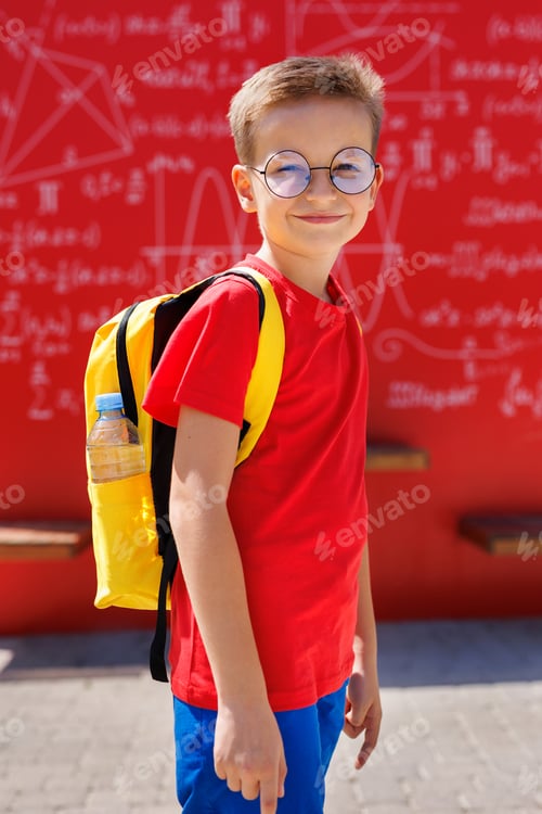 Preview: Boy with glasses and a backpack holds a book in his hands against the background of a modern school.