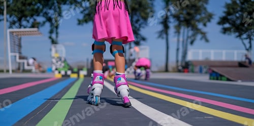 Preview: Child wearing protective gear roller skating at an outdoor skate park.