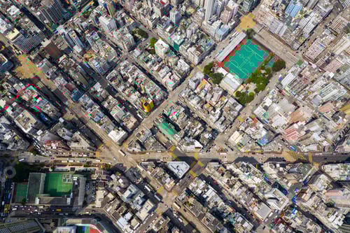 Preview: Sham Shui Po, Hong Kong 12 September 2019: Top down view of Hong Kong downtown cityscape