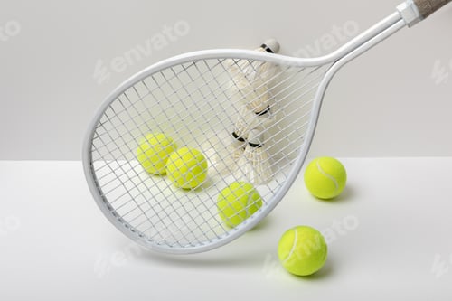 Preview: white badminton shuttlecocks and bright yellow tennis balls near racket on white background