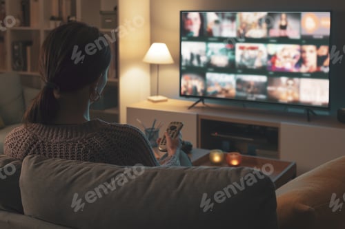 Preview: Woman watching TV at home and relaxing