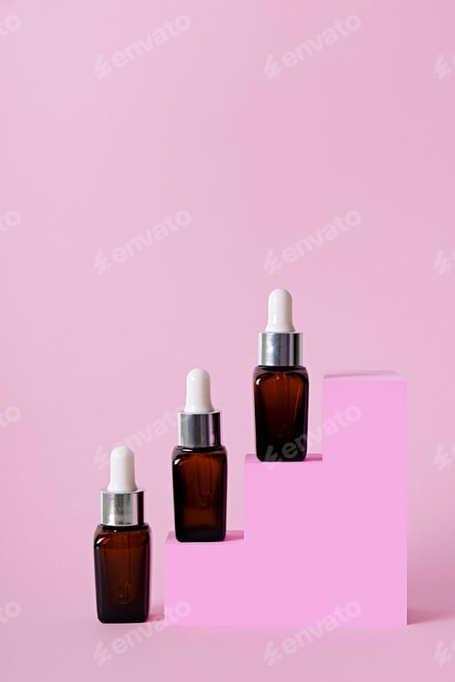 Preview: Beauty skincare product mock up. Serum bottles on stairs geometric podiums for branding