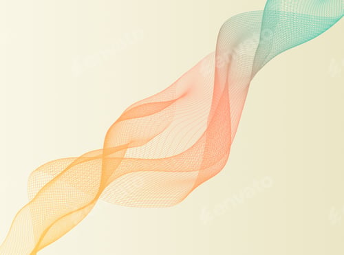 Preview: Digital Illustration of waves and particles. Curvy wireframe on bright gradient background.