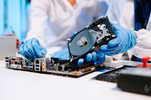 Preview: Technician repairing inside of hard disk drive by screwdriver. the concept of data, hardware,
