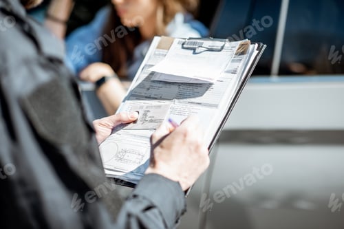 Paperwork Review at Vehicle Side on Bright Day