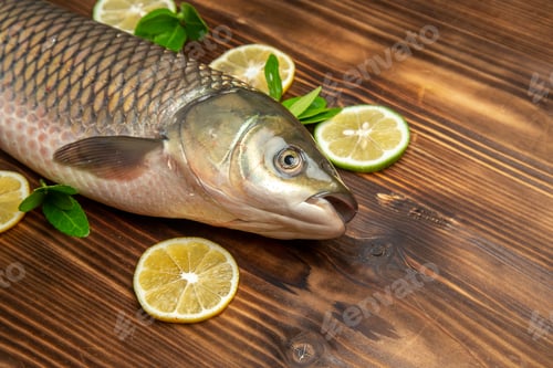 Preview: front view fresh fish with lemon slices on wooden desk sea meat ocean food