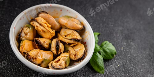Preview: Mussels canned seafood appetizer dish organic product fresh tasty gourmet